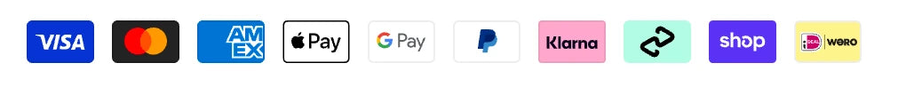 Visa, Mastercard, Amex, Apple Pay, Google Pay, PayPal, Klarna, Shop Pay, iDEAL and Wero accepted